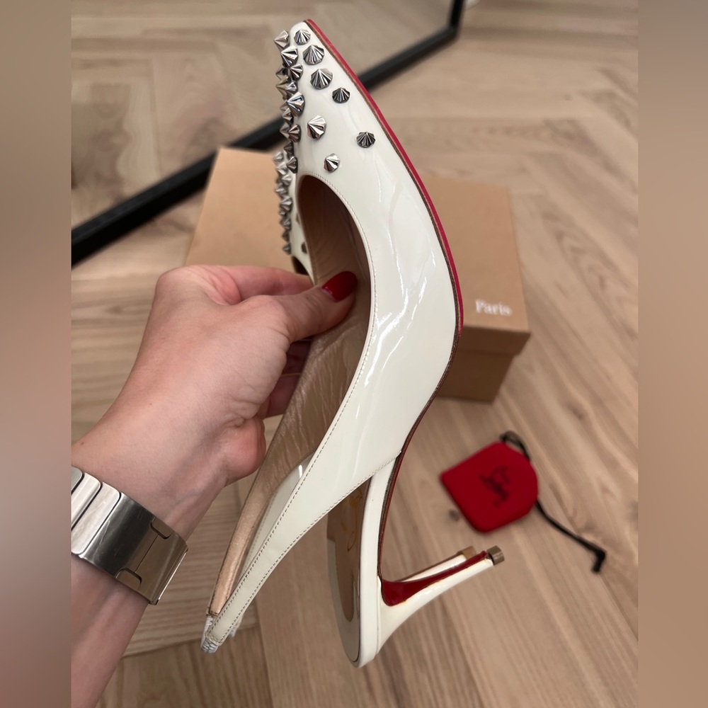 Christian Louboutin White Studded Slingback Heels with Red Soles - Picture 3 of 7